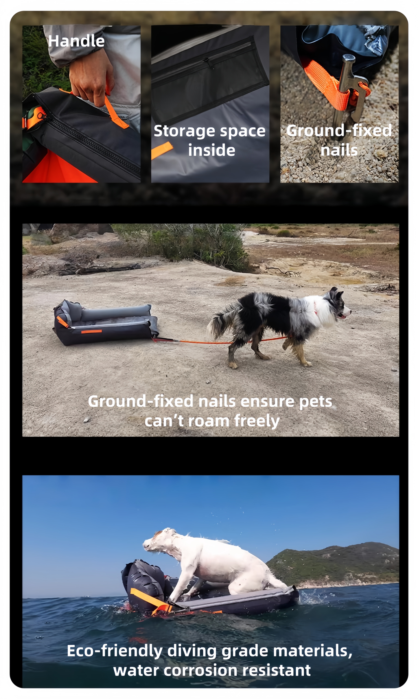 Product features with text and images of a dog on a leash and a dog on a boat.