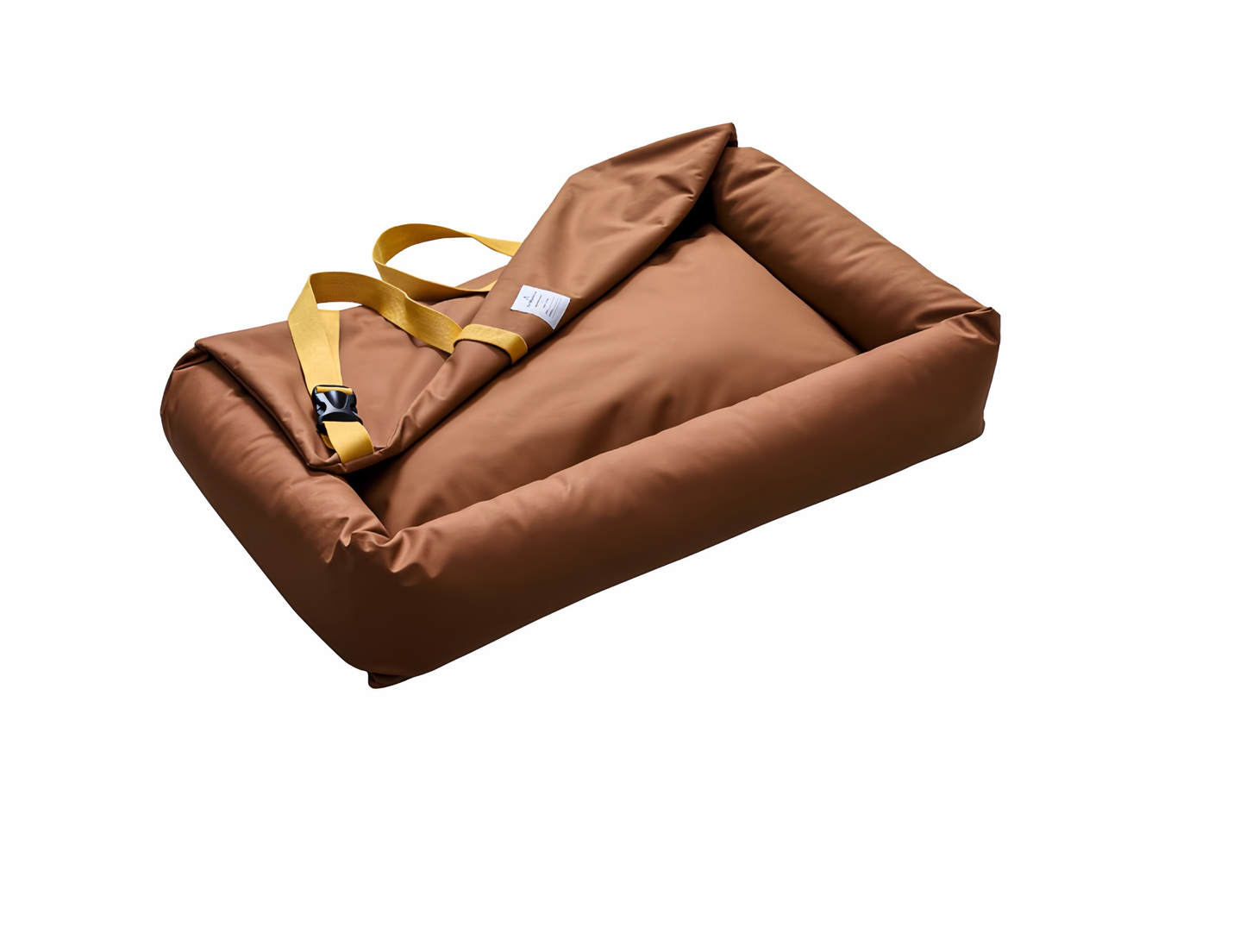 brown duffel bag with straps on a white background