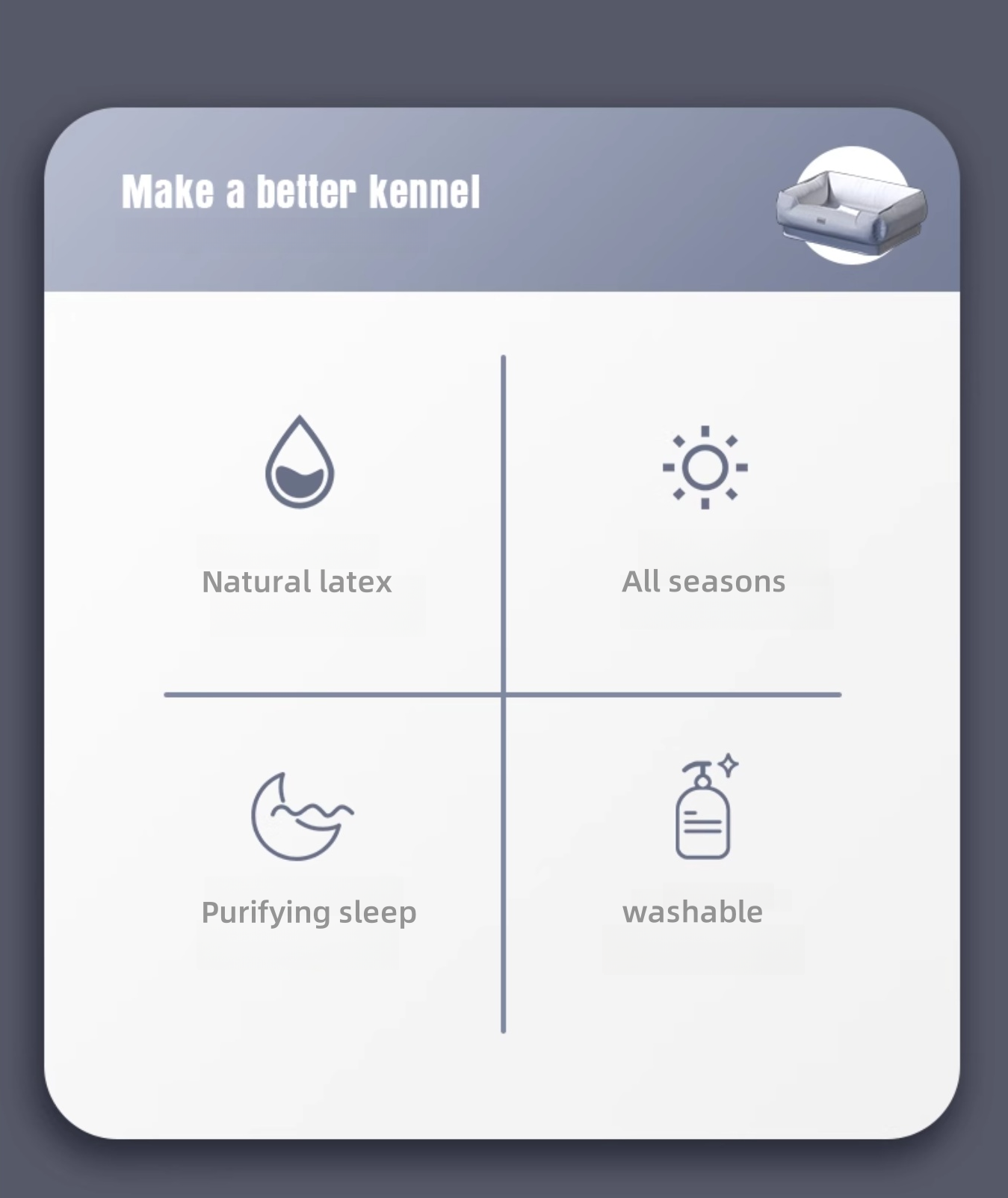 Product feature card with icons and text on a dark background