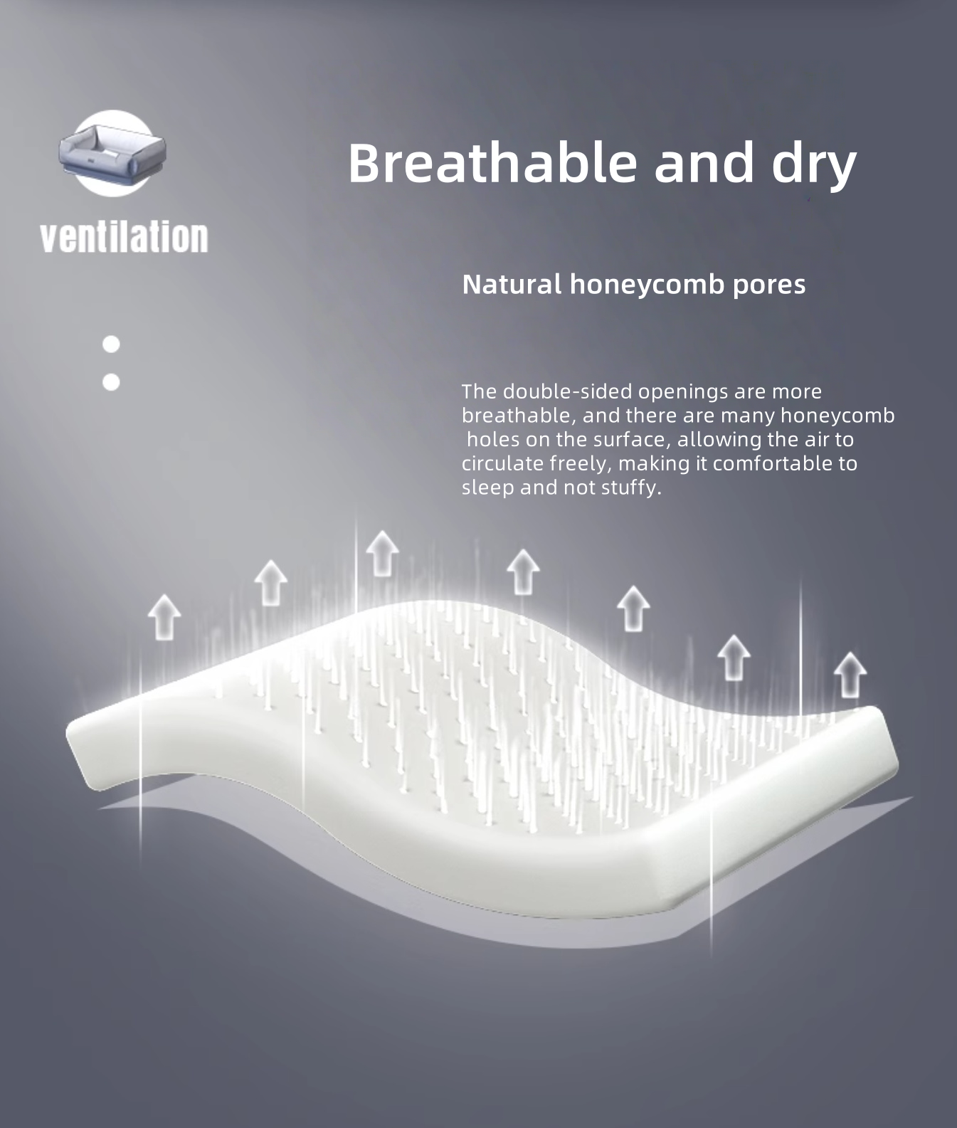 Text on a gray background about breathable and dry material with honeycomb pores.