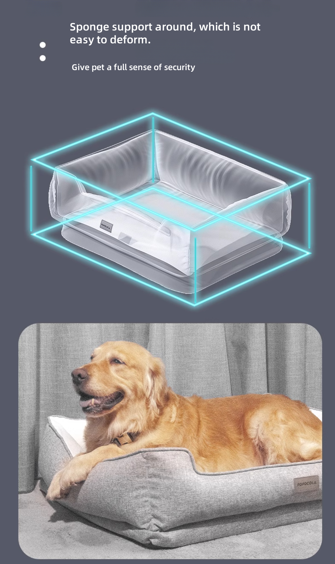 Dog lying on a cushion with text about sponge support and security.