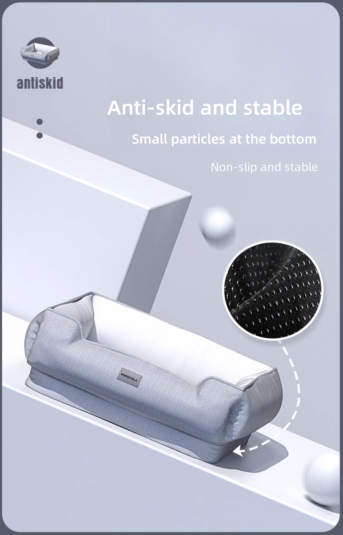 Inflatable sofa with antiskid feature and text on a gray background