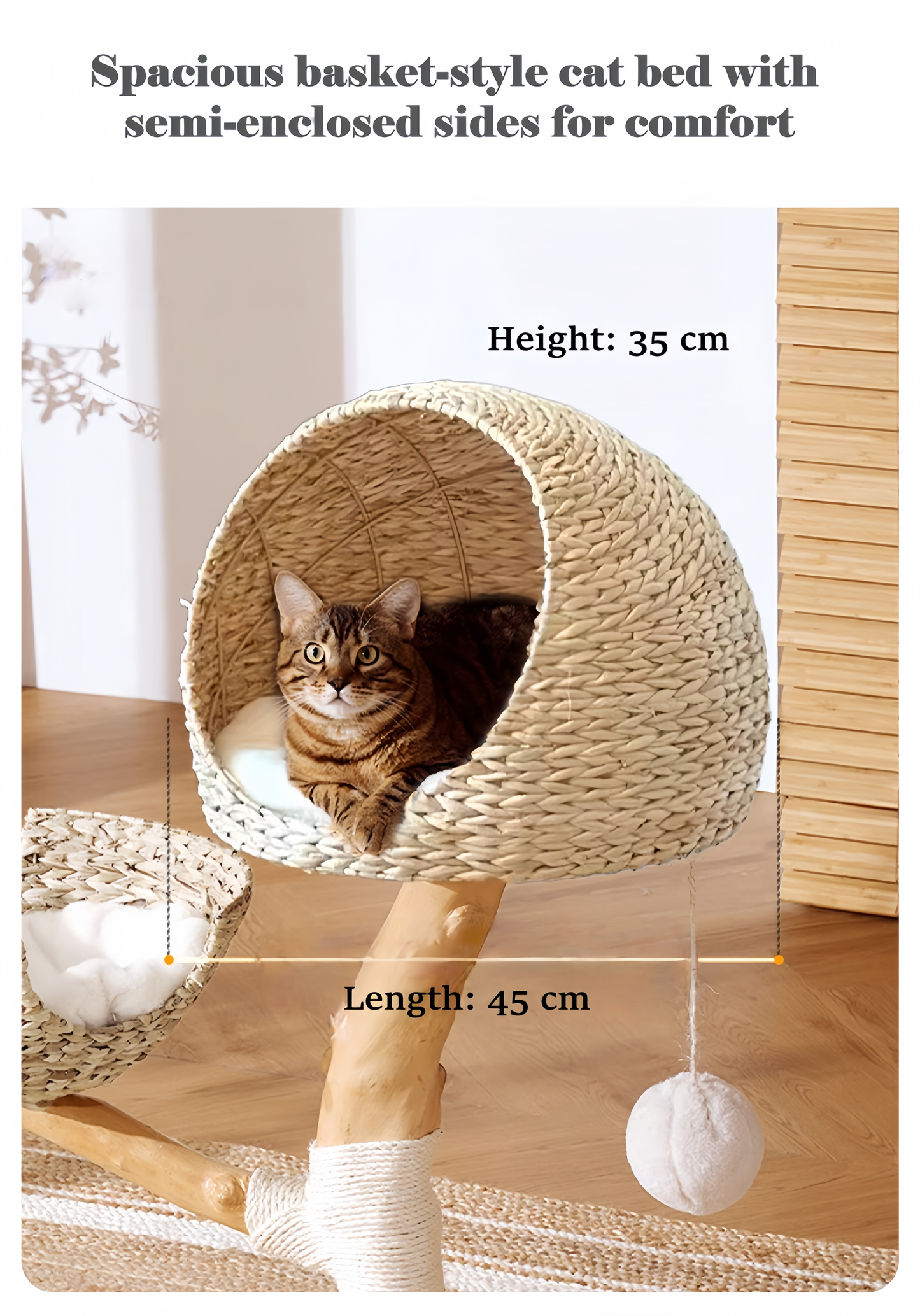 Cat sitting inside a woven cat bed with measurements displayed
