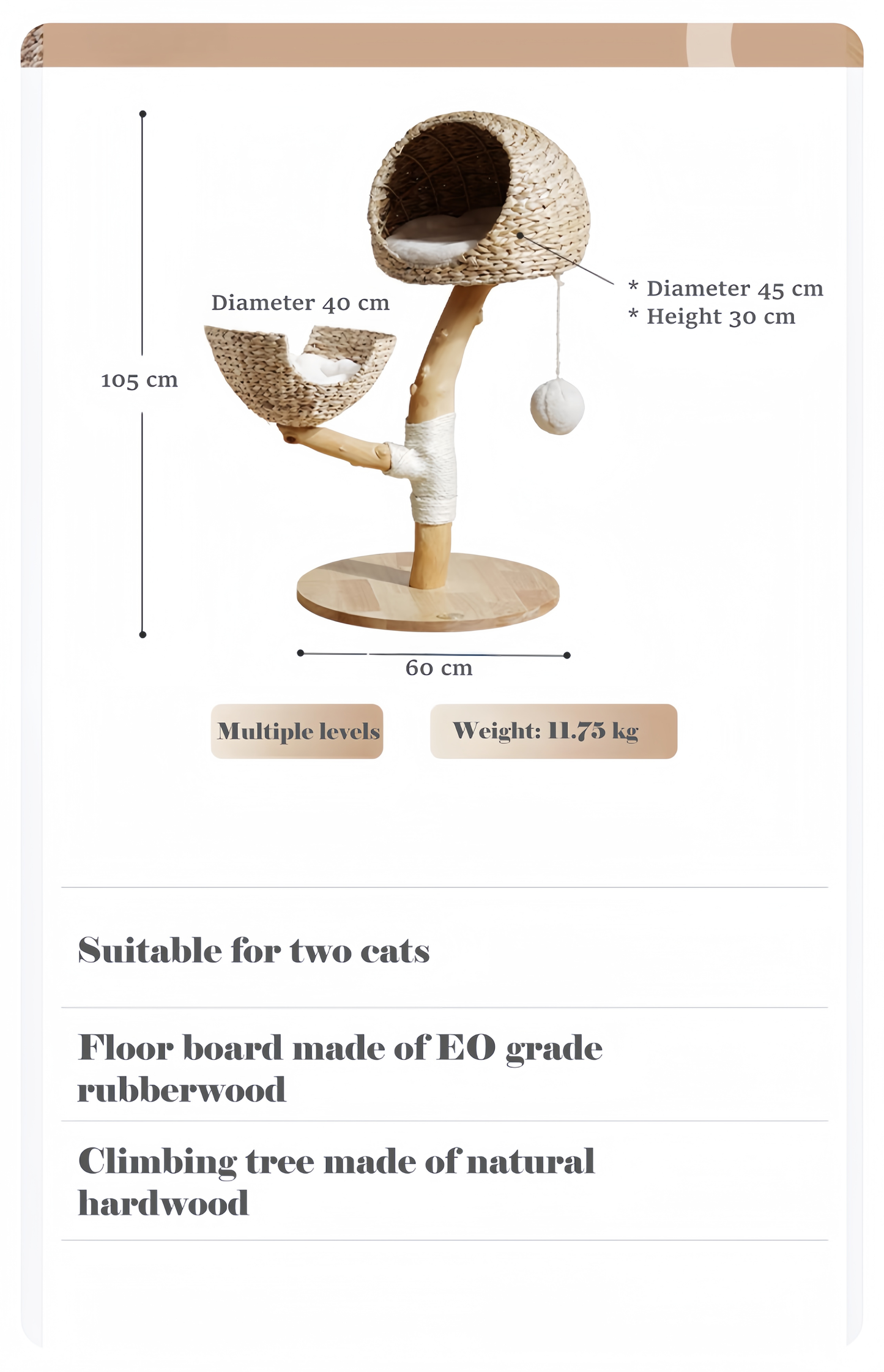 Cat tree with dimensions and features on a white background