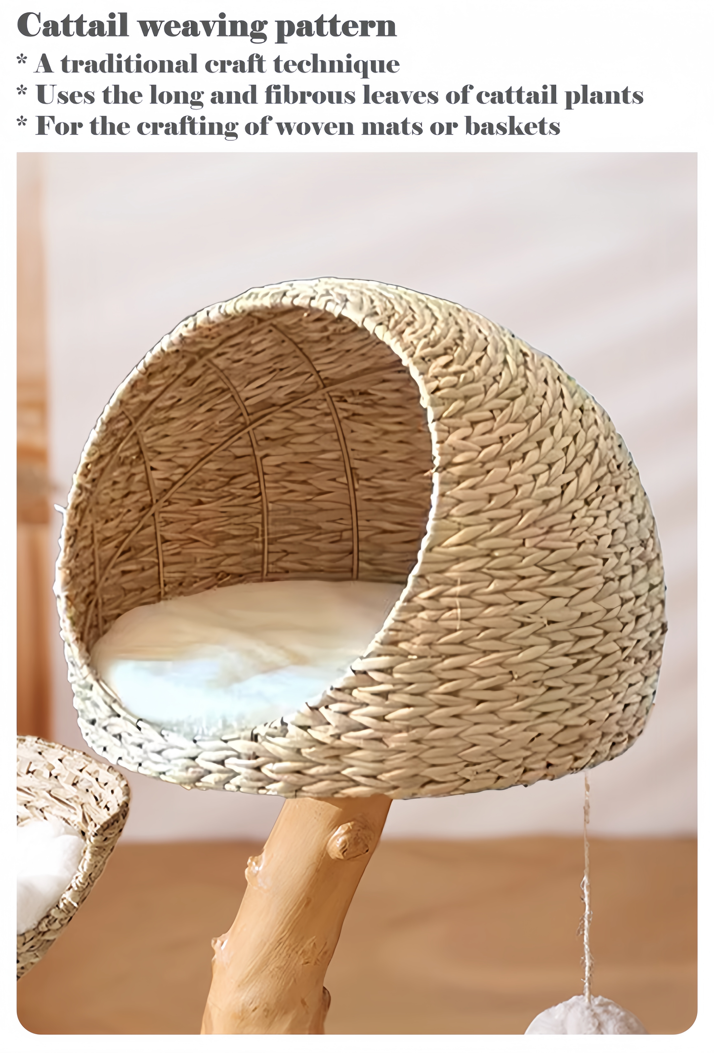 Woven cat bed made from cattail plants on a wooden stand with text about the craft technique.