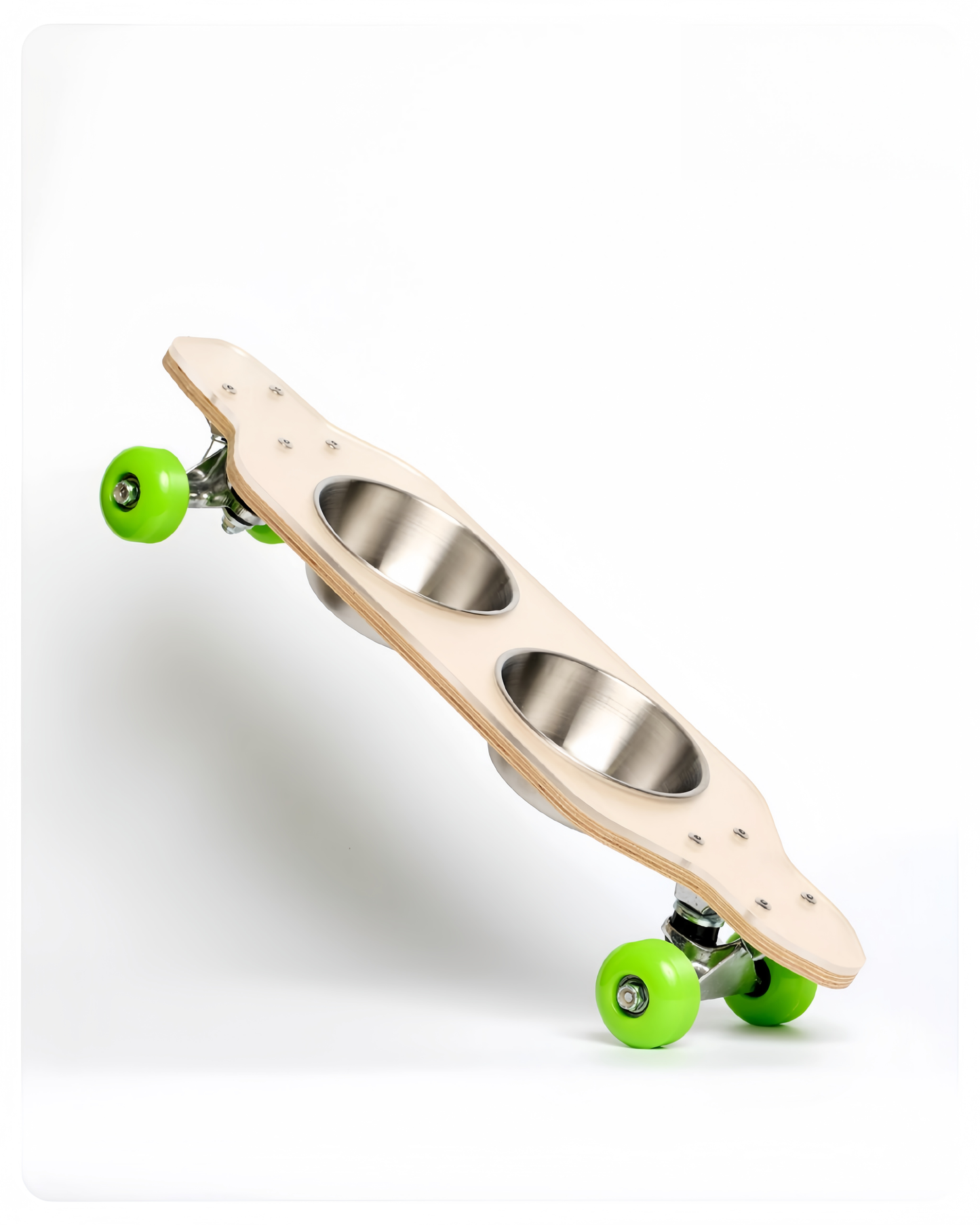 Skateboard with two metal bowls on a white background