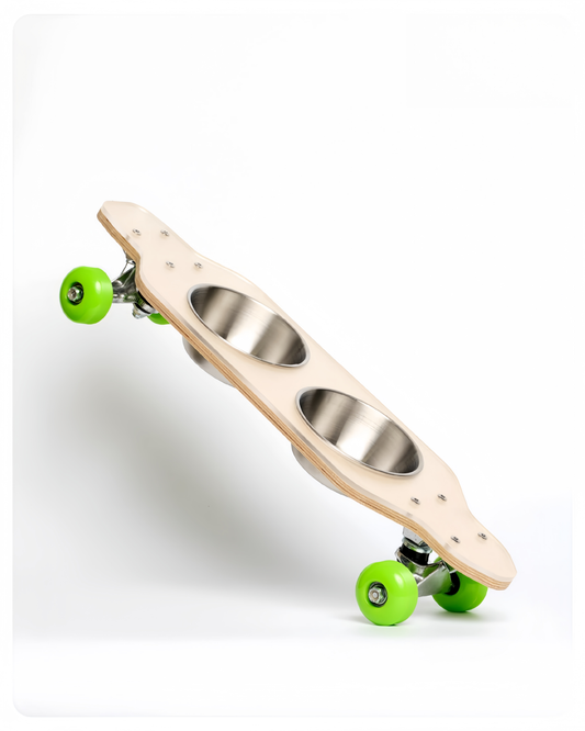 Skateboard with two metal bowls on a white background