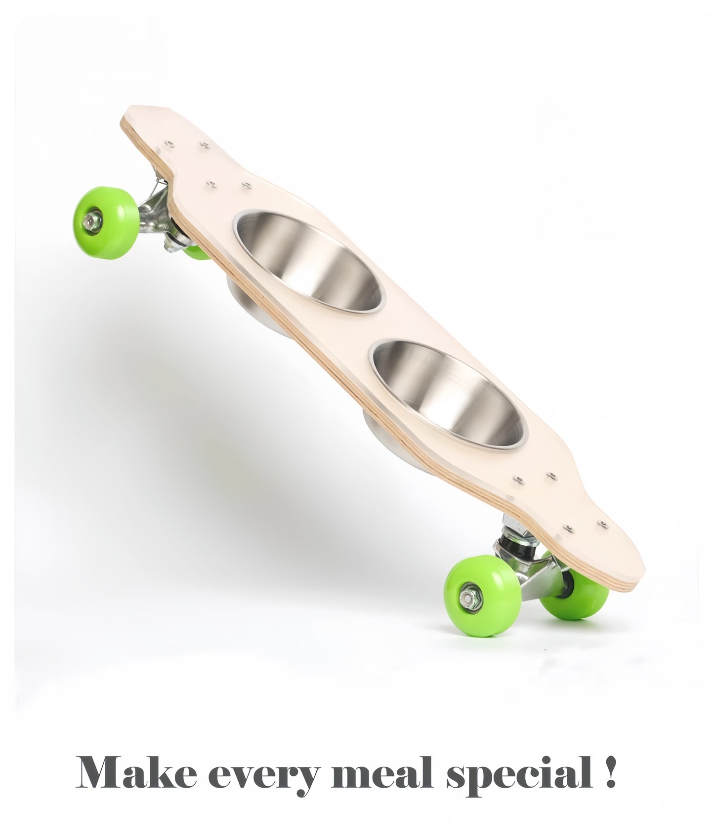 Pet feeder designed like a skateboard with wooden deck, metal bowls, and green wheels on a white background.