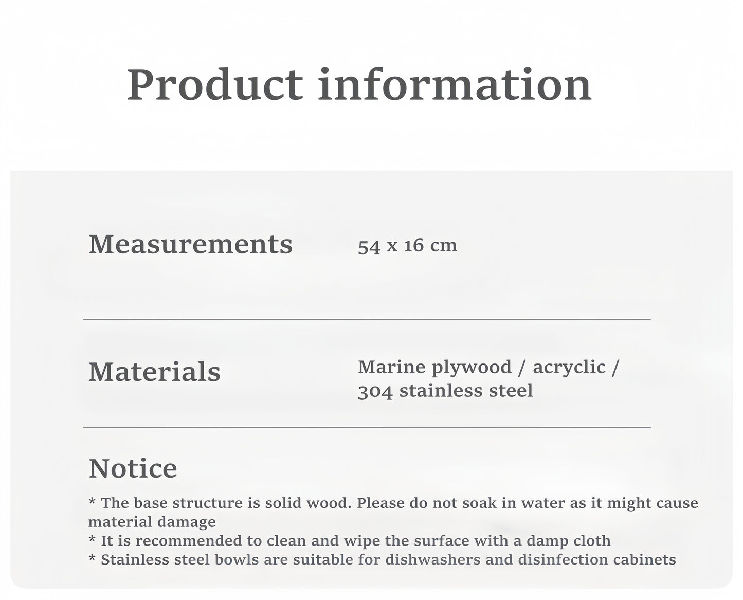 Product information card with measurements, materials, and notices.