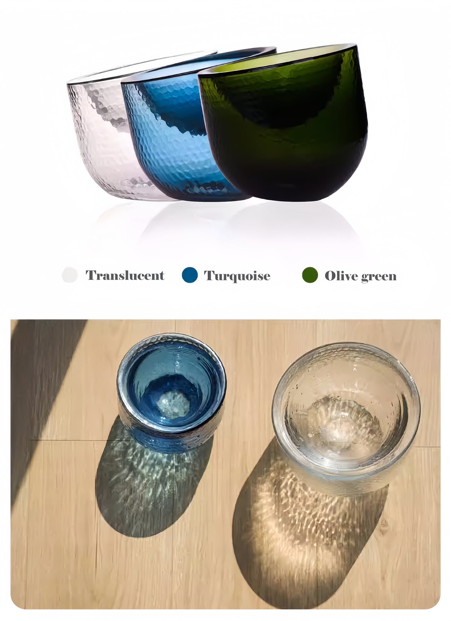 Three glass bowls in translucent, turquoise, and olive green on a white background.