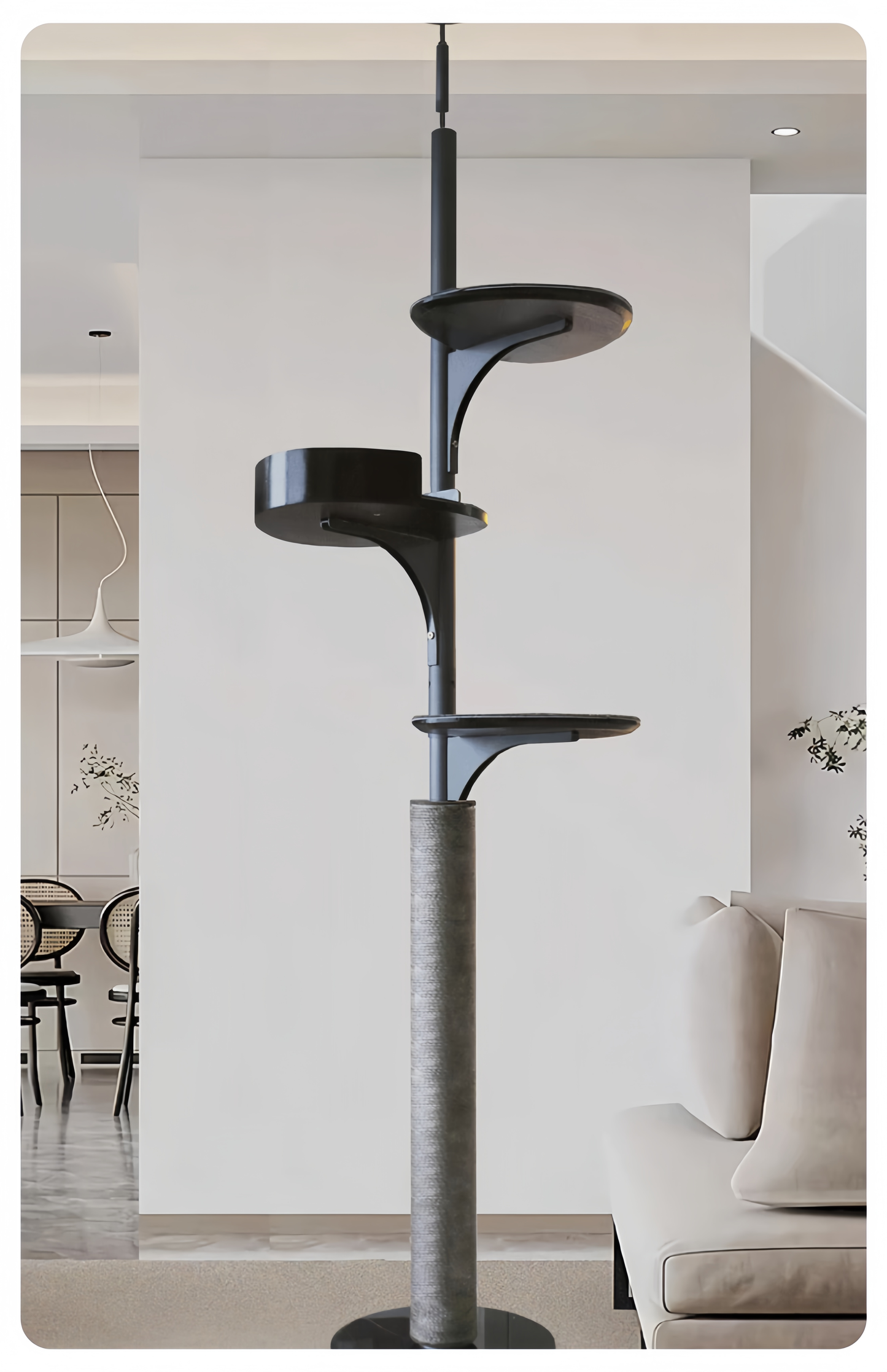 Modern black floor lamp in a living room setting