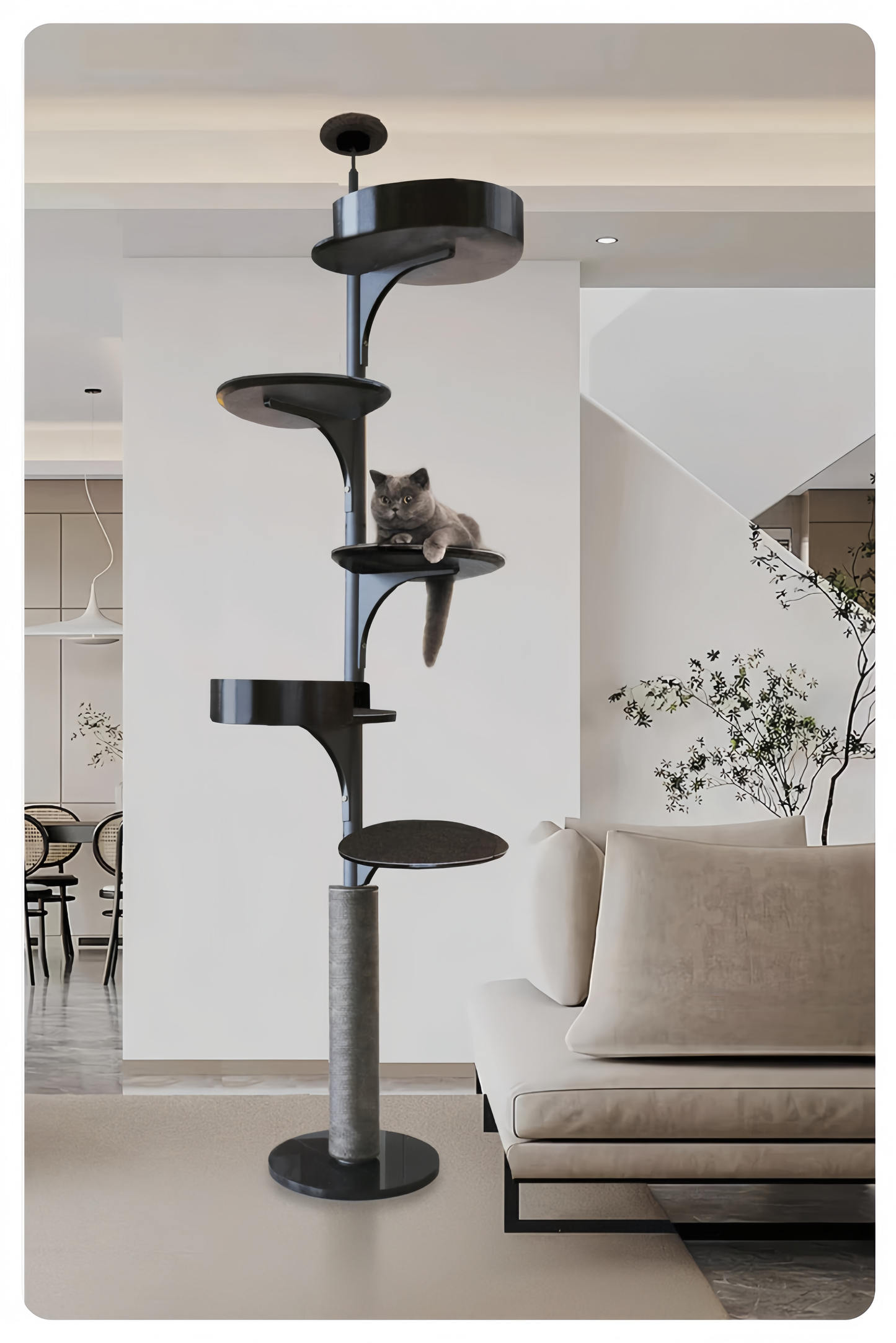 Cat tree in a modern living room with a cat sitting on one of the platforms.