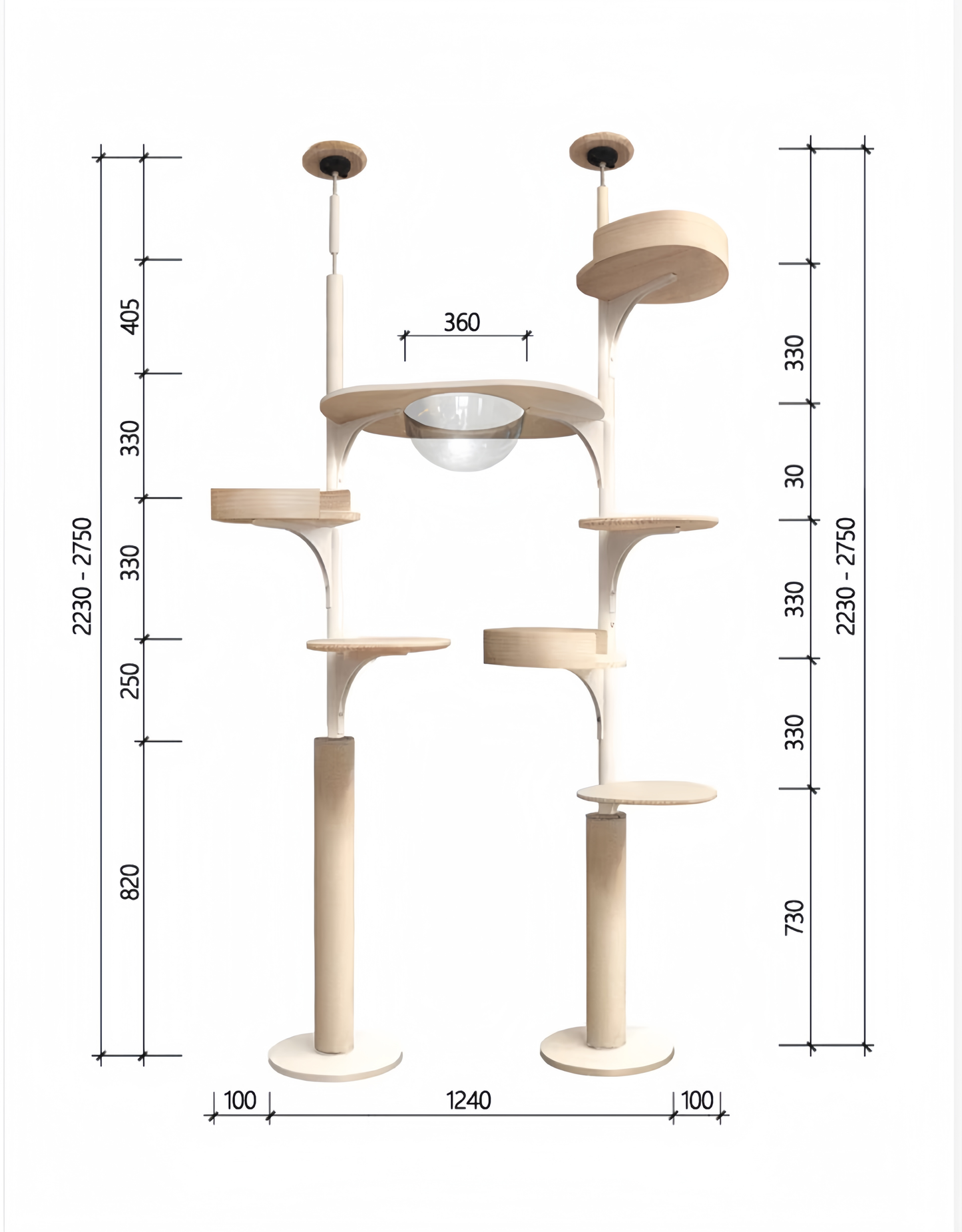 Dimensions of a multi-level cat tree with shelves and a light fixture.