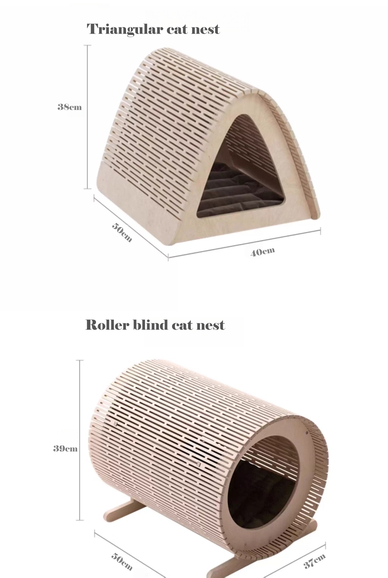 Two cat nests, a triangular one and a roller blind one, with dimensions displayed.