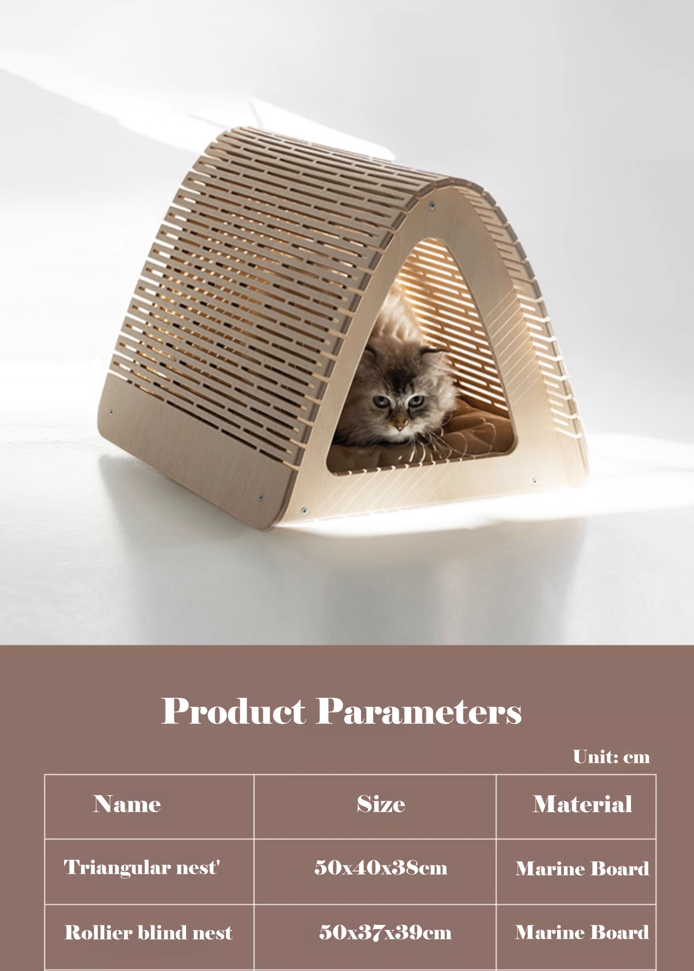 Cat hiding inside a triangular cardboard nest with product parameters displayed below.