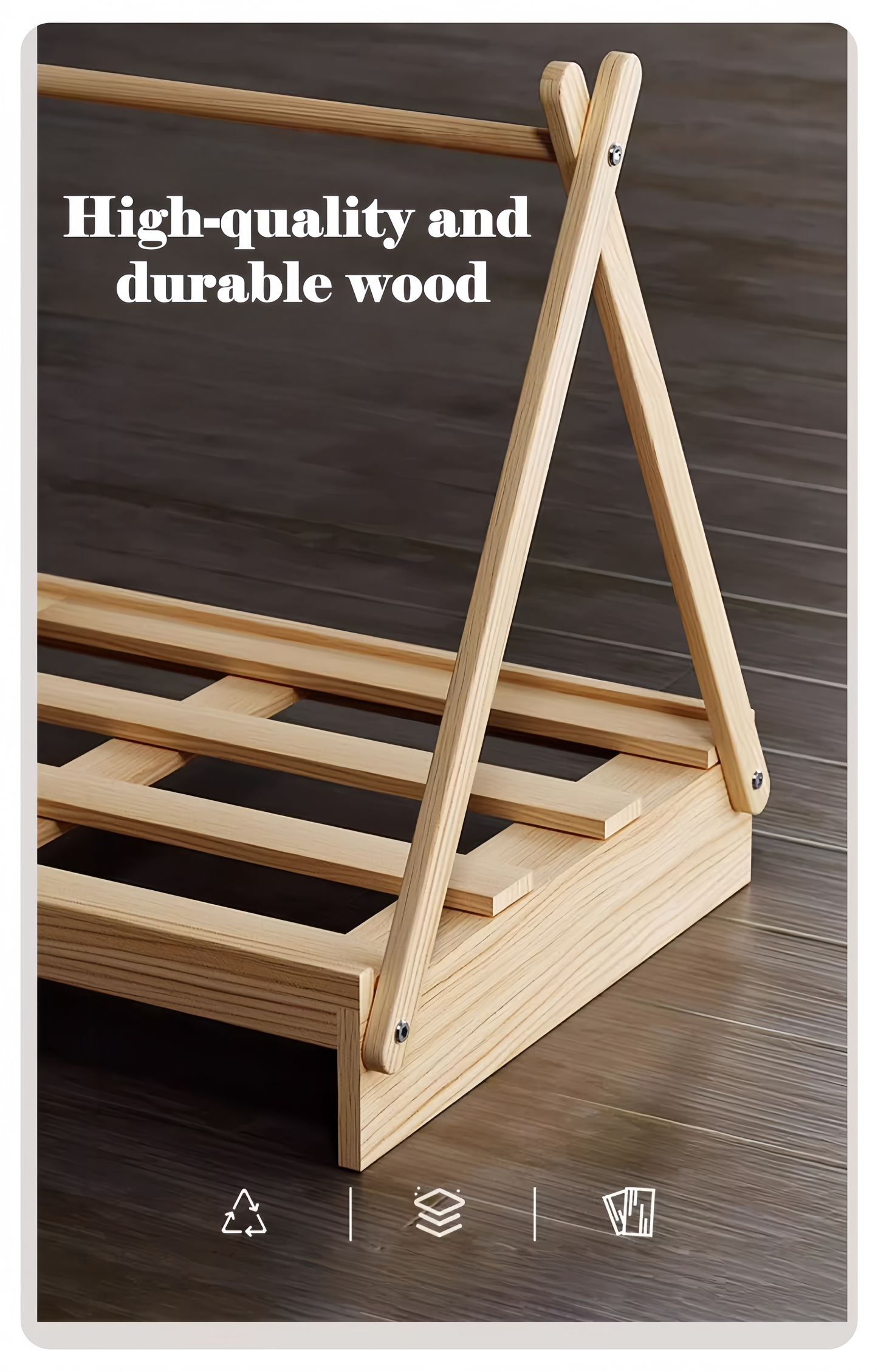 Wooden bed frame with text 'High-quality and durable wood' on a wooden background