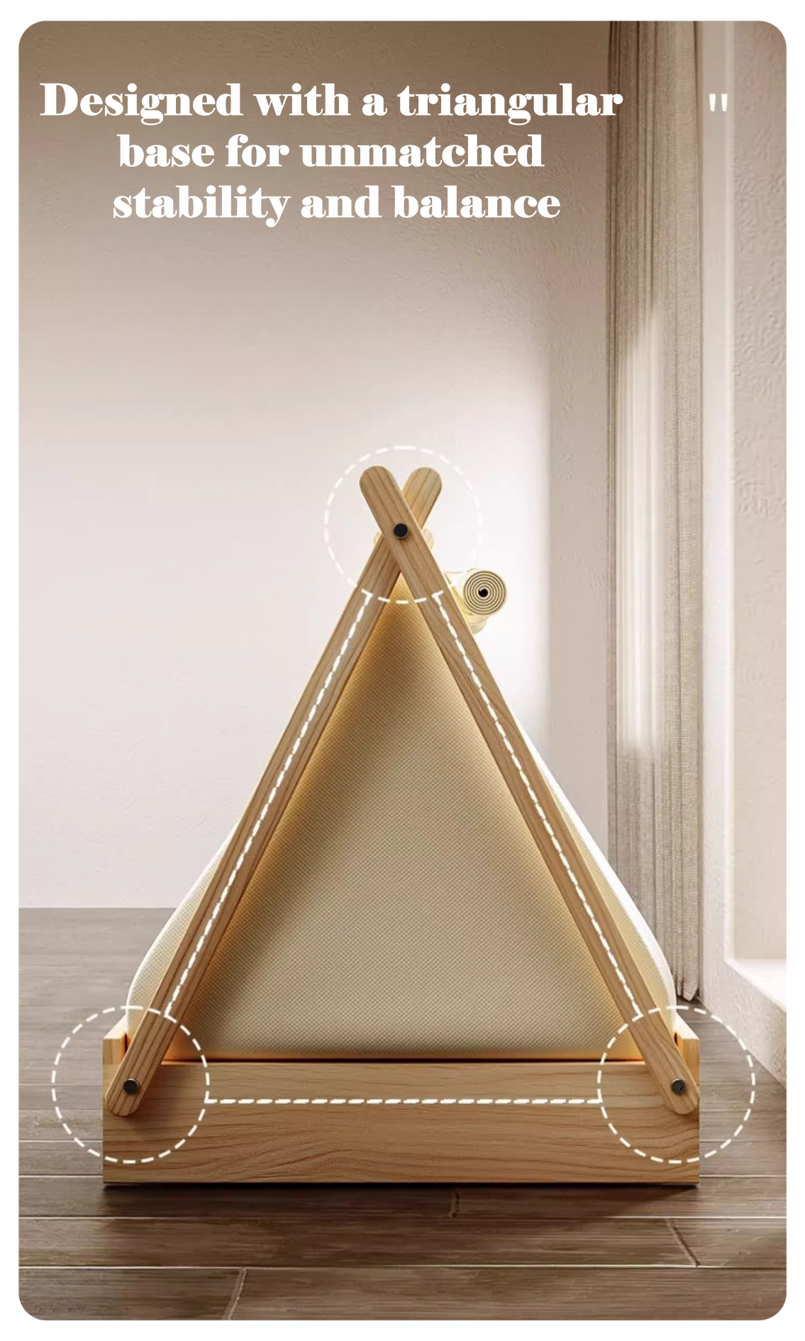 Wooden triangle structure with text highlighting stability and balance