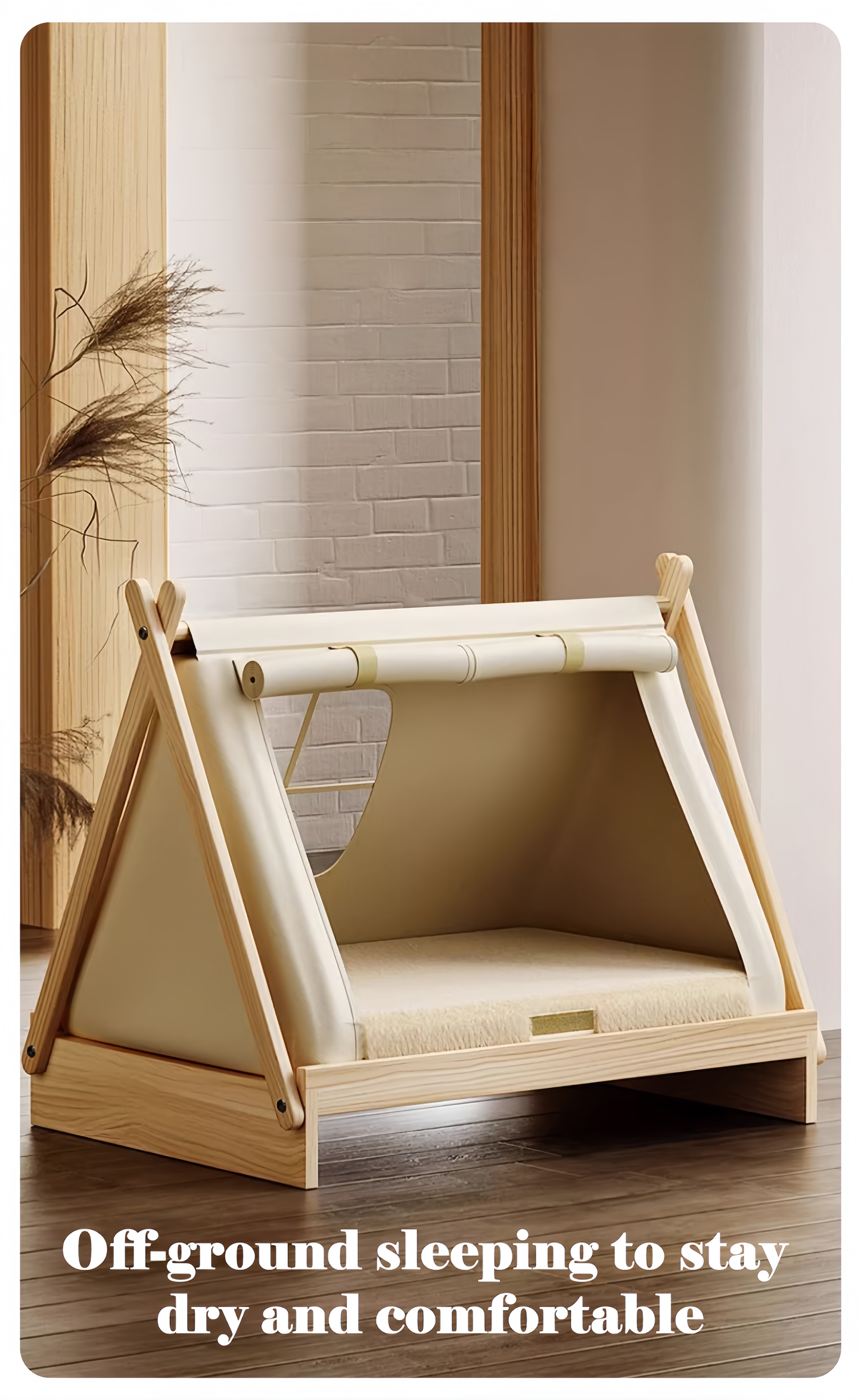 Wooden pet tent with cushion on a wooden floor, text 'Off-ground sleeping to stay dry and comfortable'.