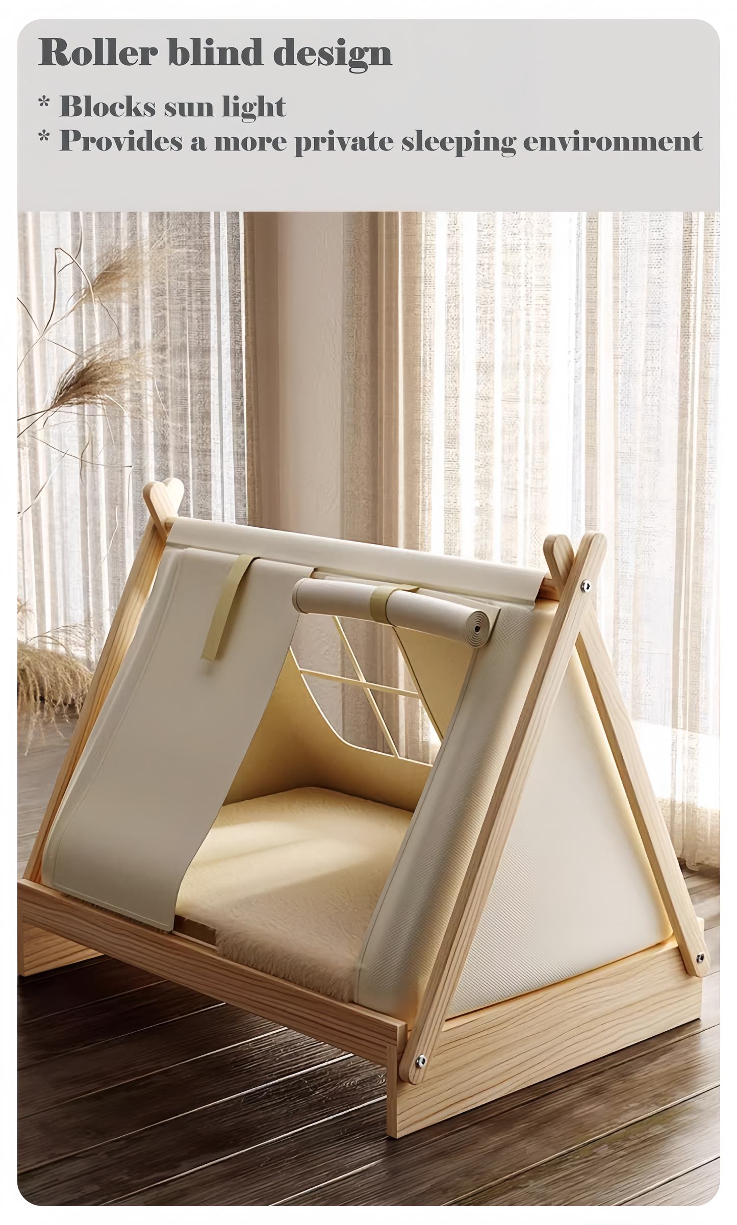 Children's play tent with roller blind design in a room setting