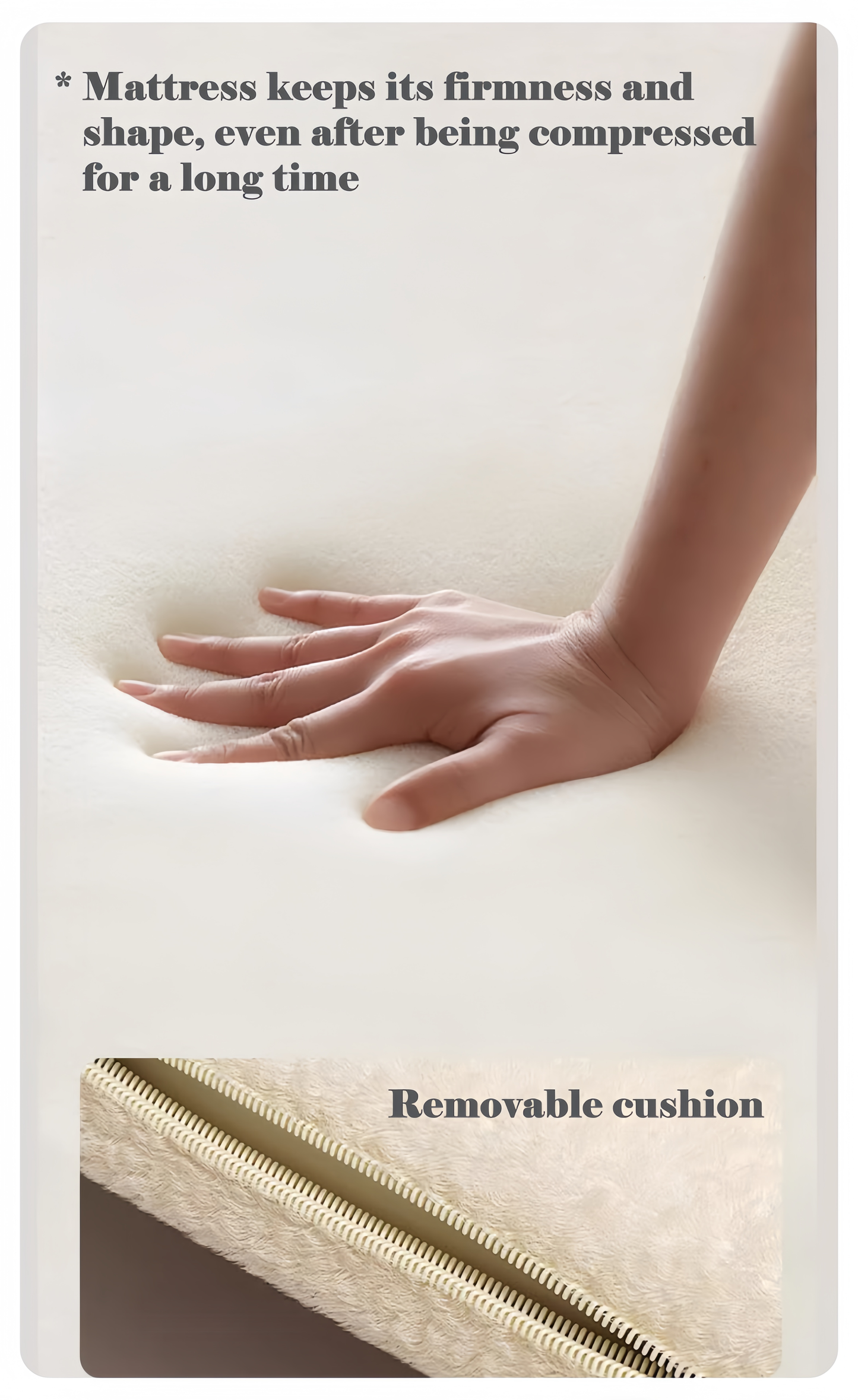 Hand pressing down on a mattress with text about its firmness and shape.