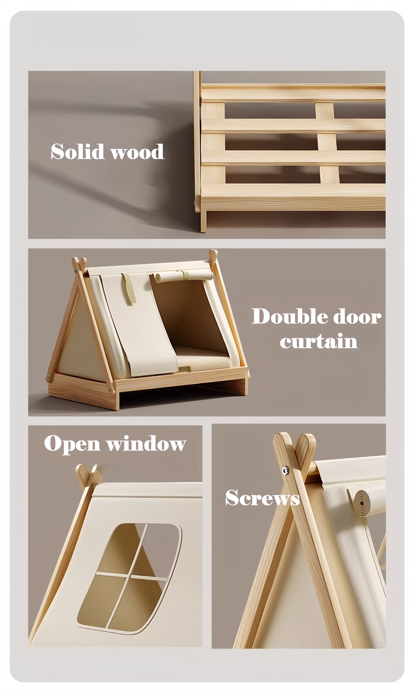 Collage of a wooden playpen with labeled features on a gray background